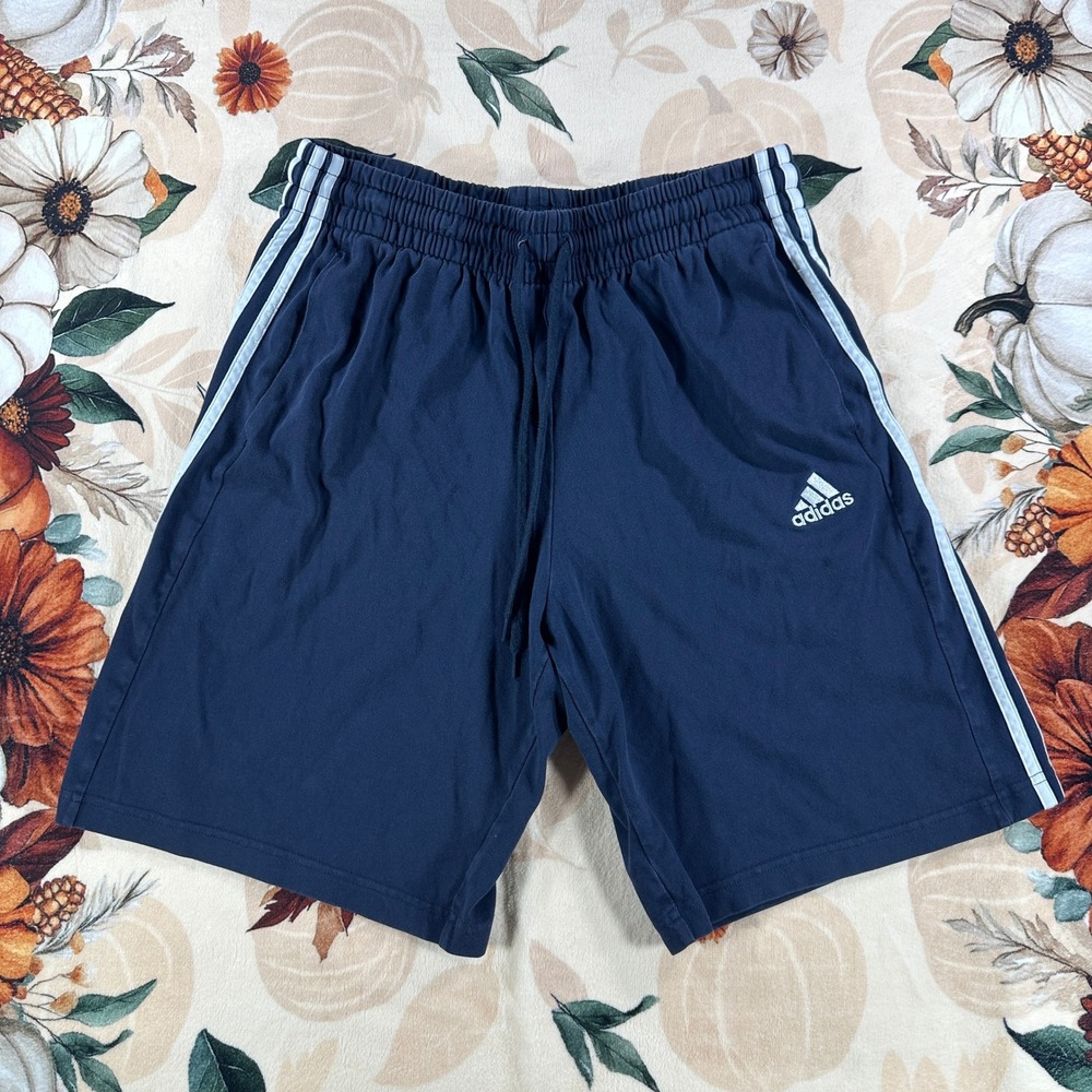 Adidas Mens 3 Stripe Athletic Training Shorts Navy Blue Drawstring Size Large